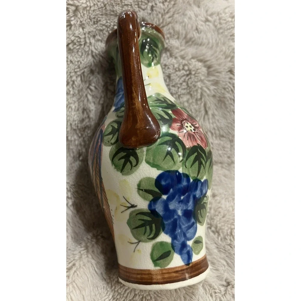 Vintage Hand Painted Floral Peacock Pottery Jug Made in Japan 7.5